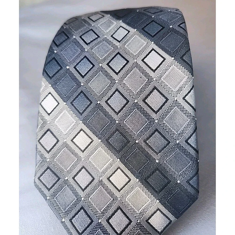 Calvin Klein 100% Silk Tie Gray And Black Checked Stripes. Timeless Piece.